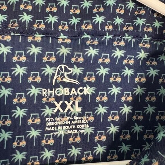 Rhoback Polo Shirt Mens 2XL Navy Performance Golf Palm Tree Golf Cart Print - Picture 3 of 7